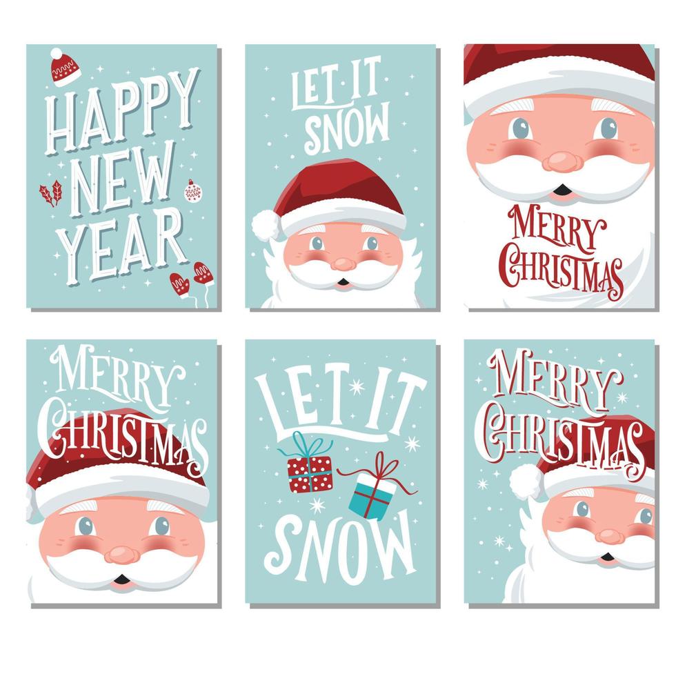 colección de plantillas de tarjetas de navidad y año nuevo con santa claus y tipografía de letras dibujadas a mano. conjunto de iconos de vacaciones. ilustración vectorial colorida. vector
