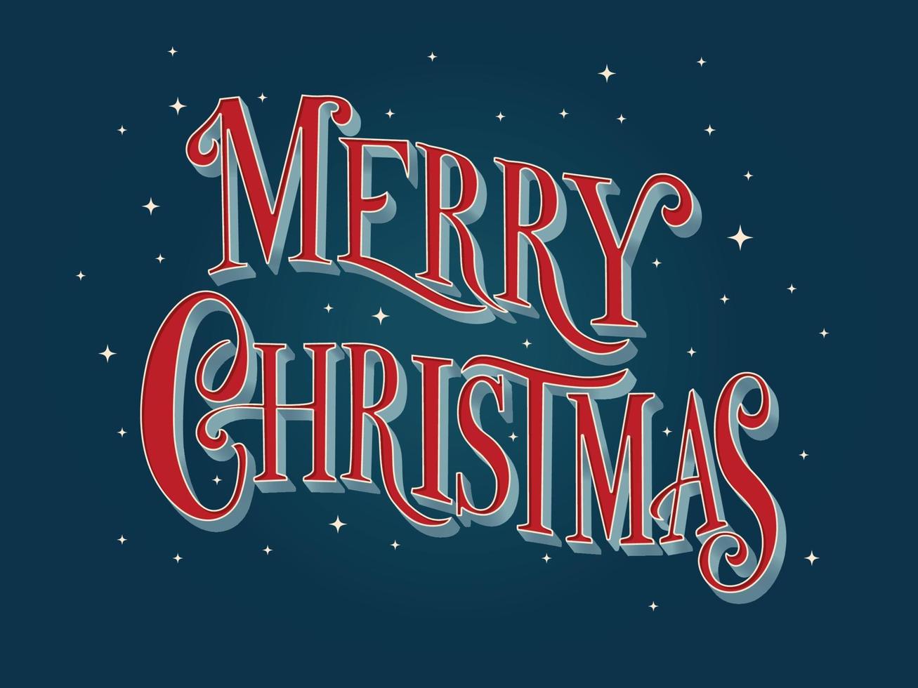 Merry Christmas hand lettering sign on dark blue background with stars. Colorful festive vector illustration