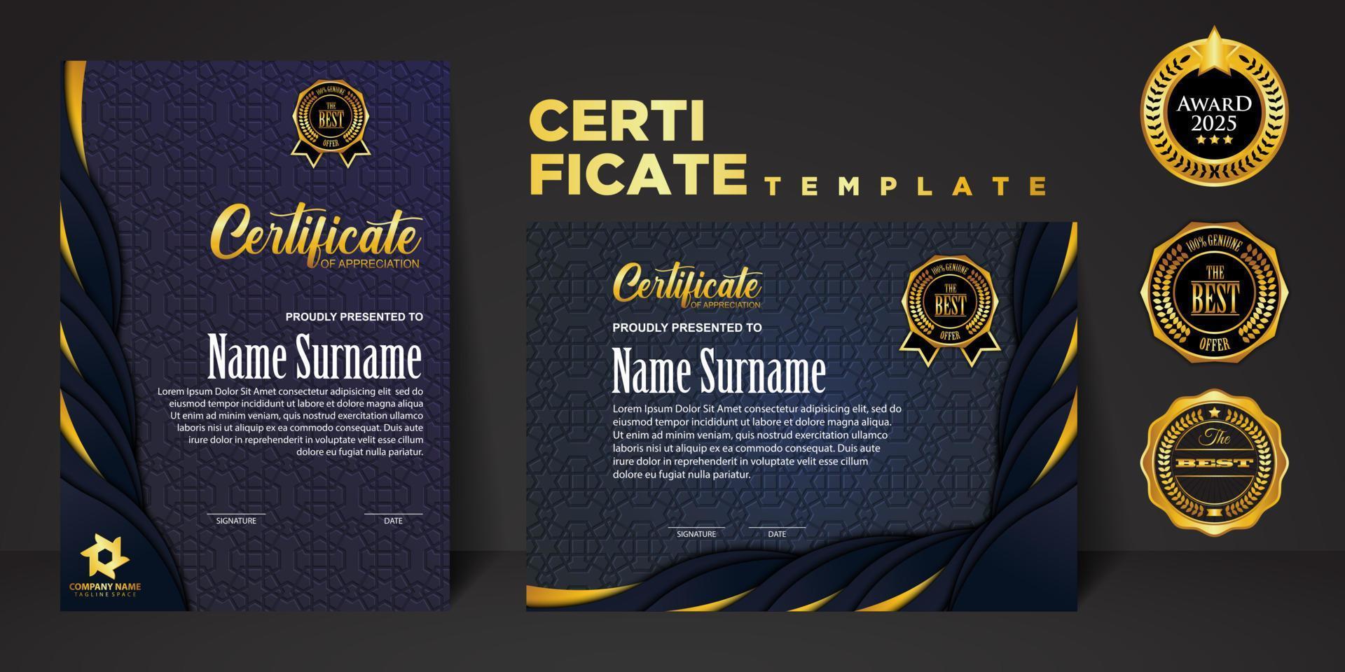 Set vertical and horizontal certificate template with ribbon line ornament texture and modern color background. certificate border. vector