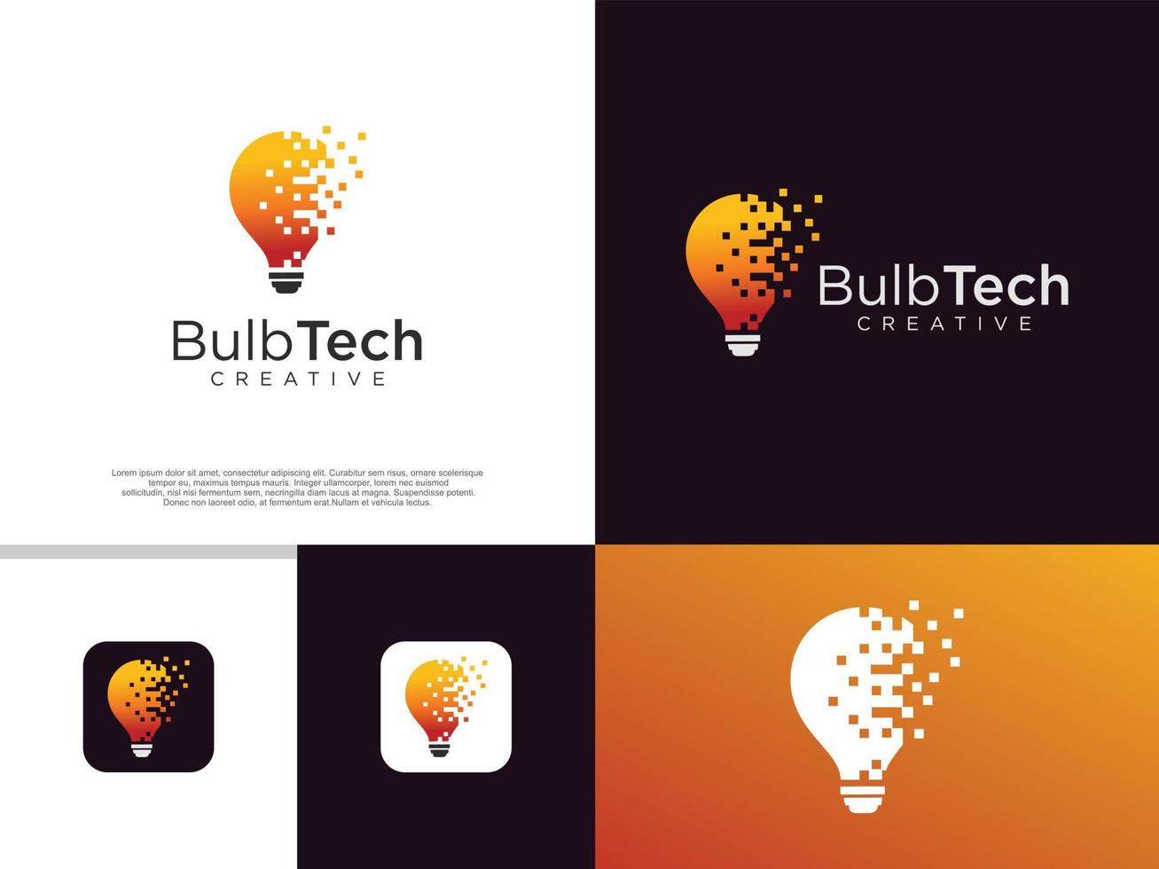 Modern tech bulb logo design concept. Pixel technology bulb idea logo template. Light bulb lamp idea creative innovation networking energy logo design digital technology vector