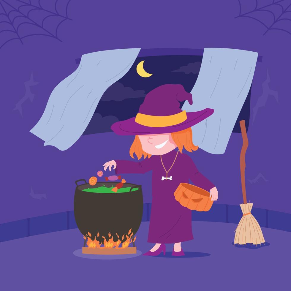 bruja está haciendo poción en la noche de halloween vector