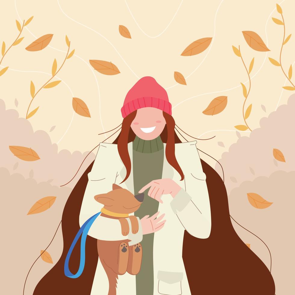 girl walk in autumn with her dog vector