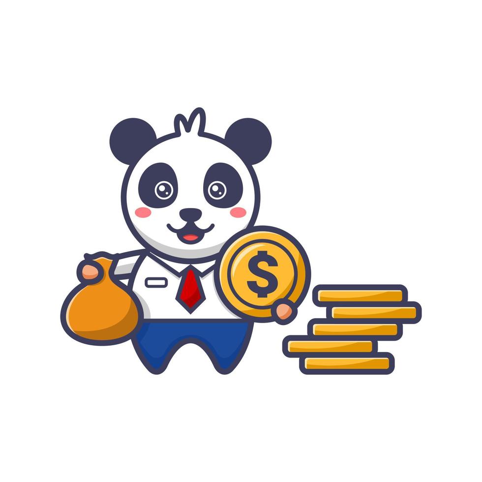 panda empresario con moneda de un dólar y una bolsa de dinero vector