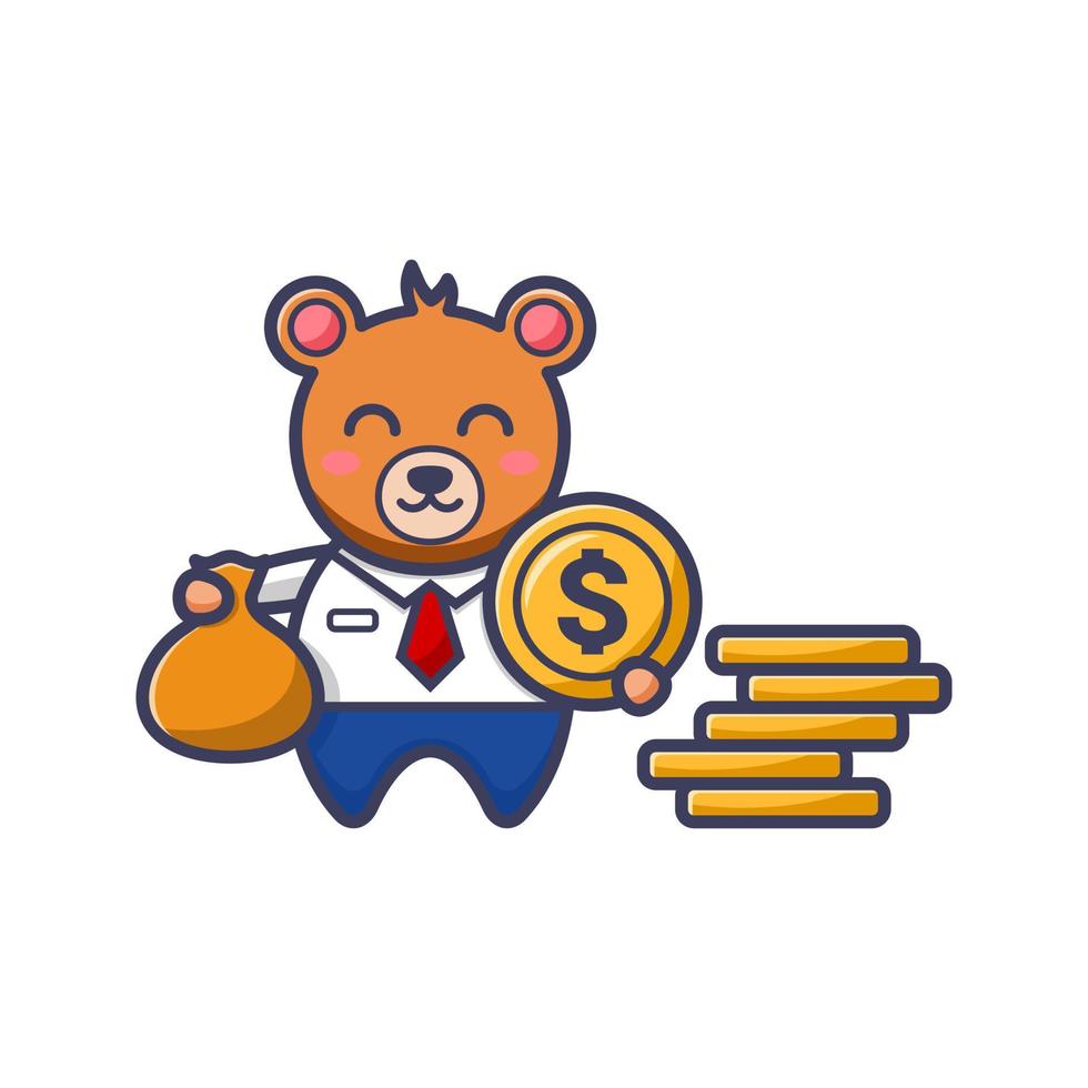 Businessman bear with dollar coin and a pouch of money vector