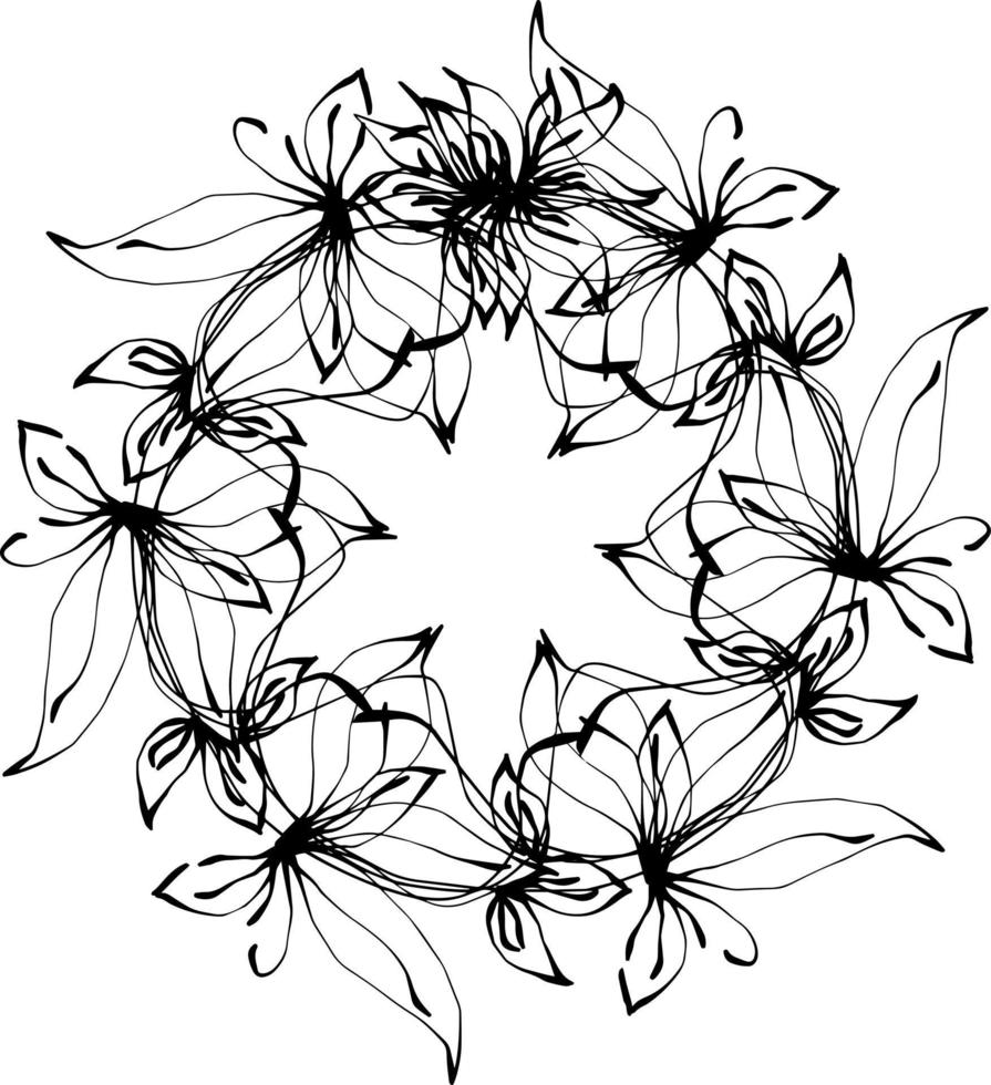 wreath of branches with leaves and flowers. Vector isolated contour decorative squiggle