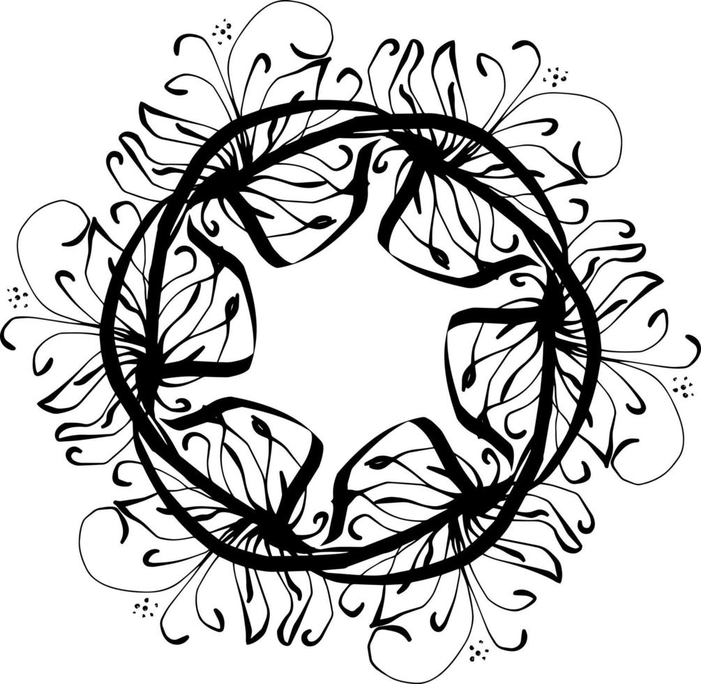 wreath of branches with leaves and flowers. Vector isolated contour decorative squiggle