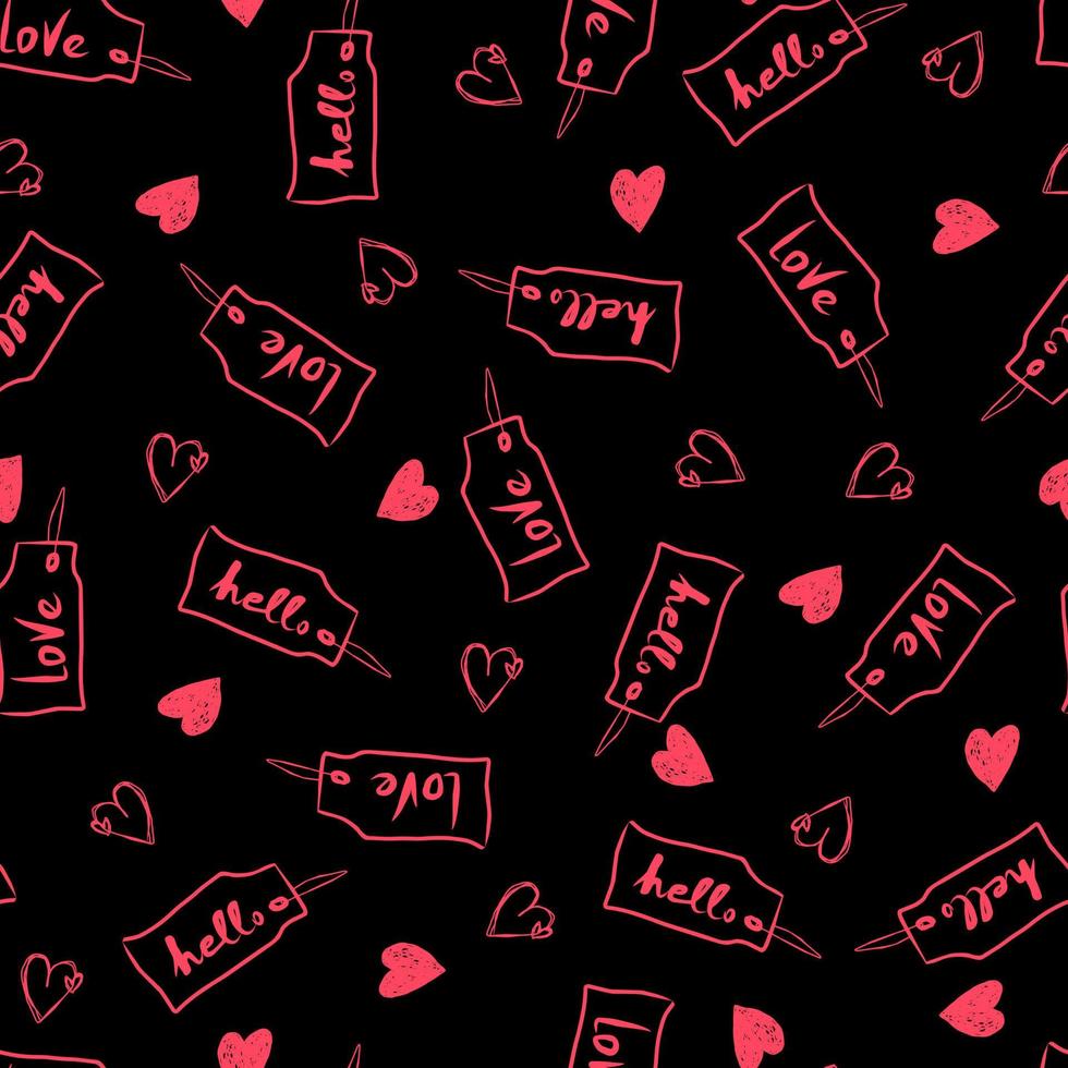 tags with ropes with the inscription love and hello hearts vector seamless pattern