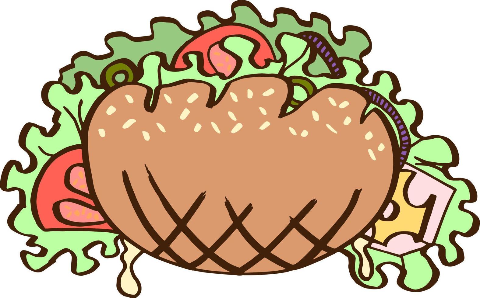 cartoon taco bread bun with sesame seeds, mustard, lettuce, tomato slices, cheese, ham meat slice, olives and onion rings. Vector isolated sandwich street food