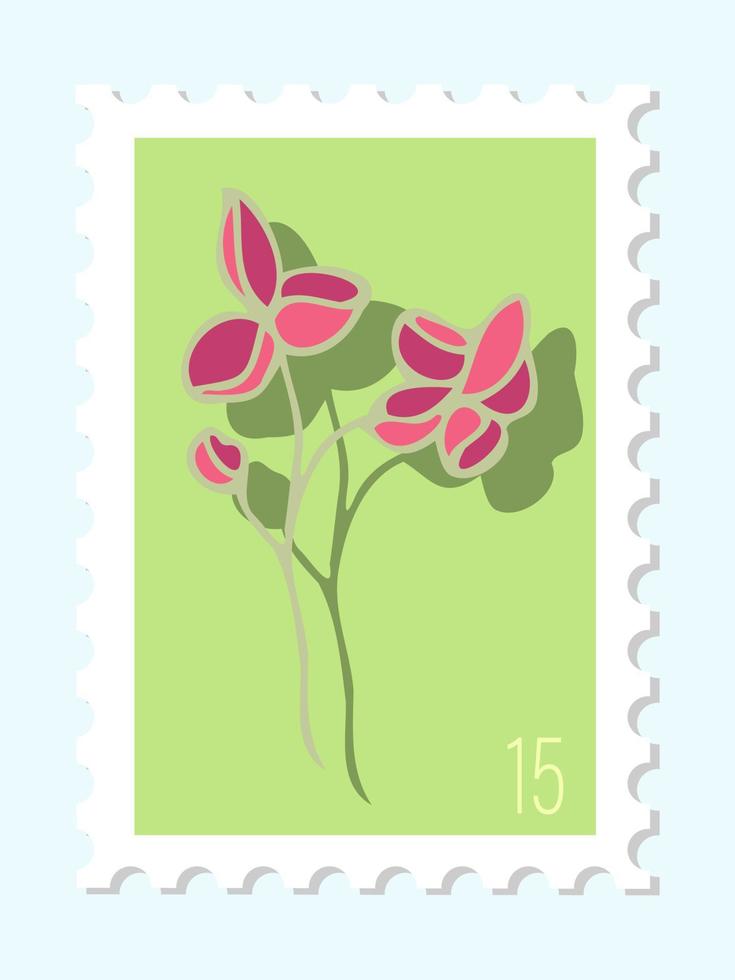 Vector hand drawn postage stamp. Modern vector isolated design of postage stamp. Vector illustration of pink flowers with leaves. Postage Stamp. Post office and post office