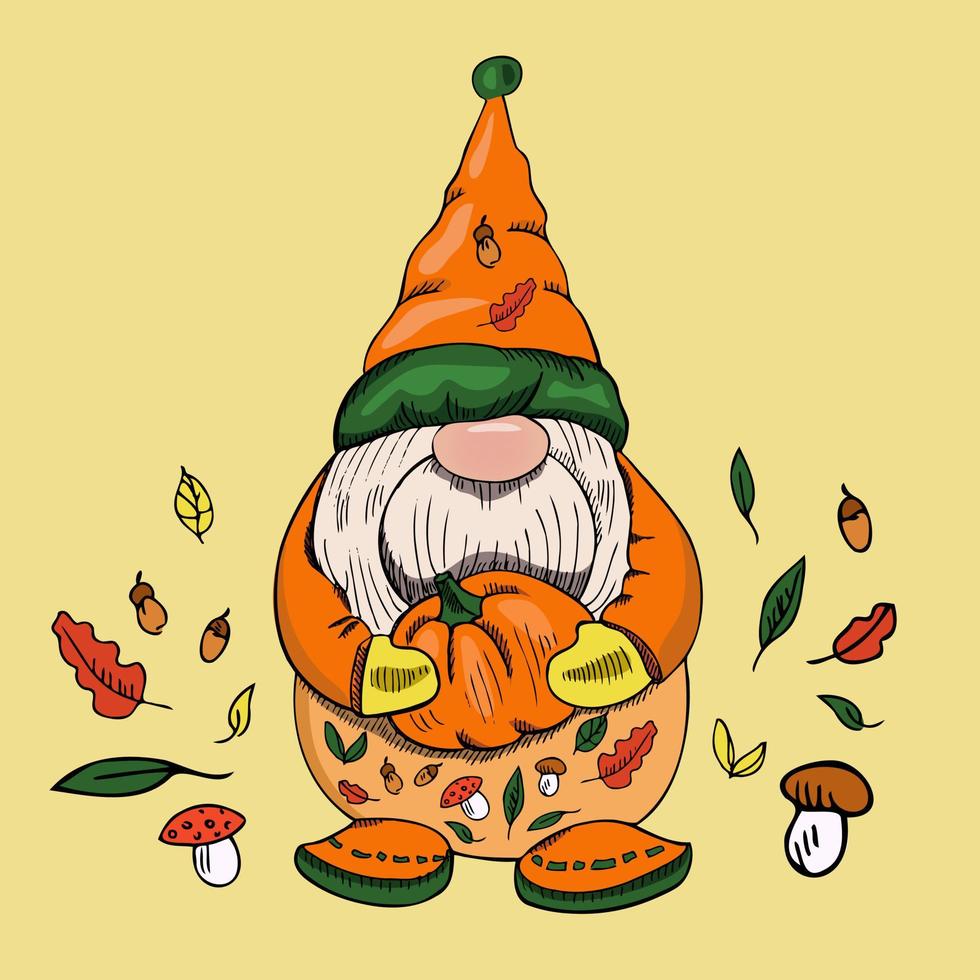A hand-drawn gnome for halloween. The Scandinavian dwarf. Vintage vector illustration.