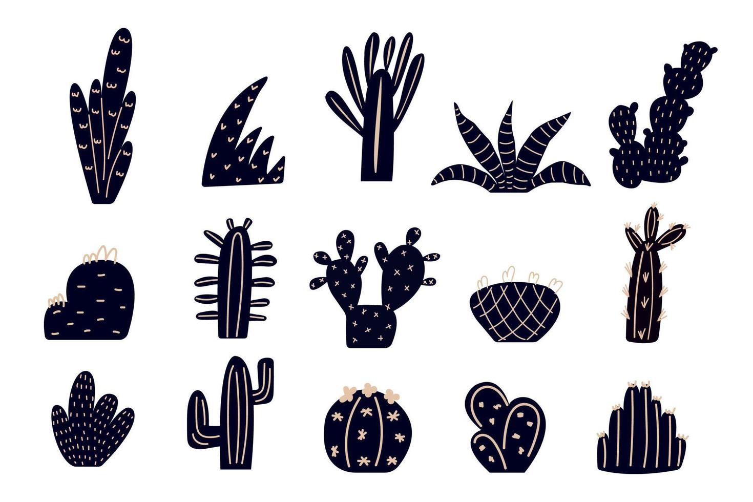 Set of hand drawn abstract modern dark blue cactuses, exotic plants isolated on white background. vector
