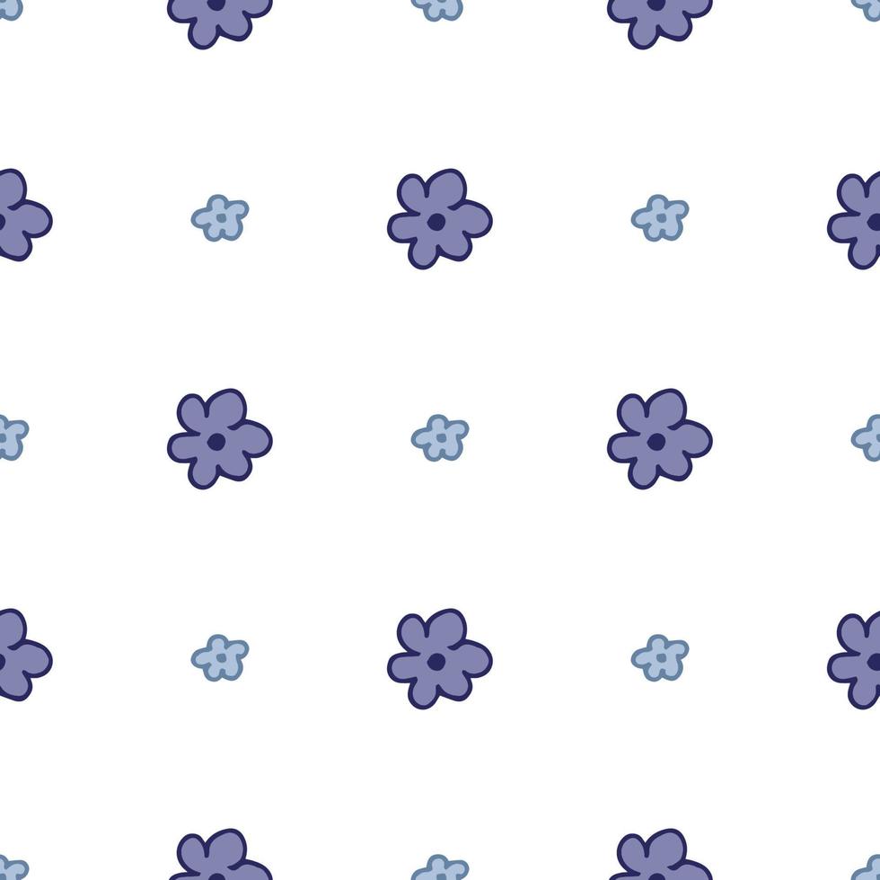Seamless pattern. Doodle style hand drawn. Nature elements. Vector illustration. Violet and blue flowers on a white background.