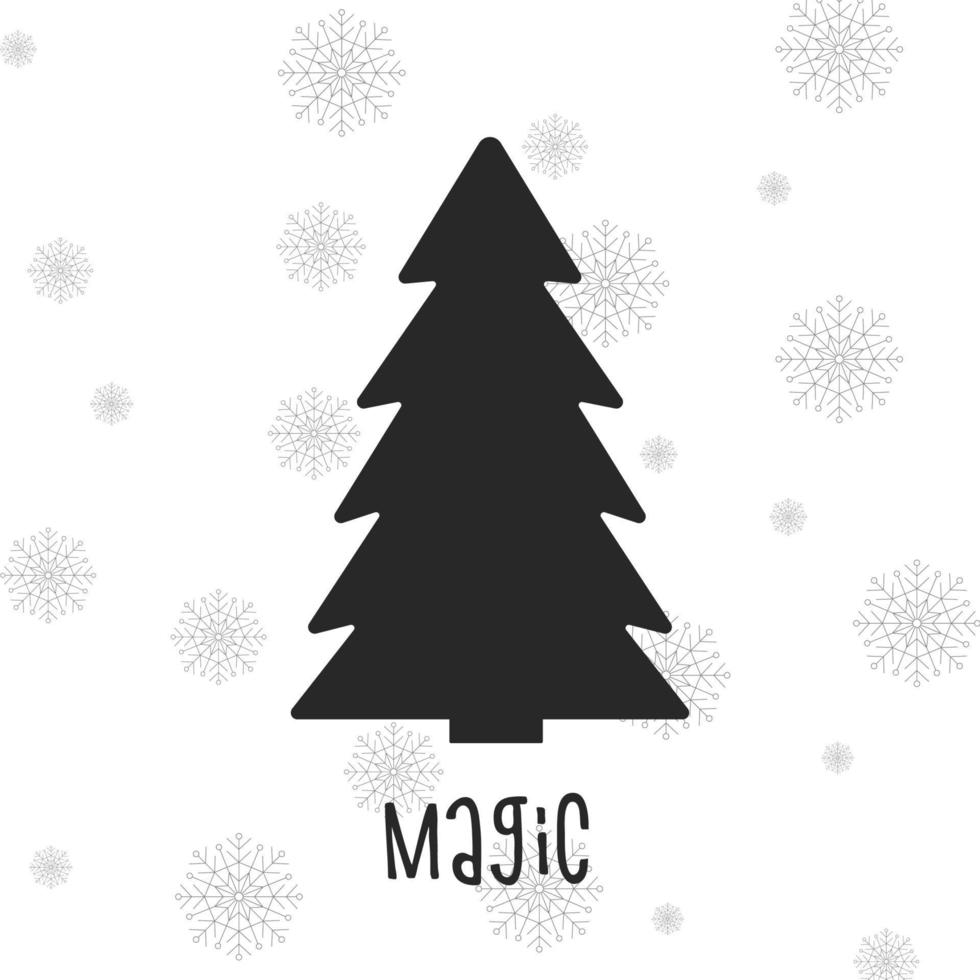 Black silhouette of a Christmas tree with snowflakes. Merry Christmas and Happy New Year 2022. Vector illustration. Magic.