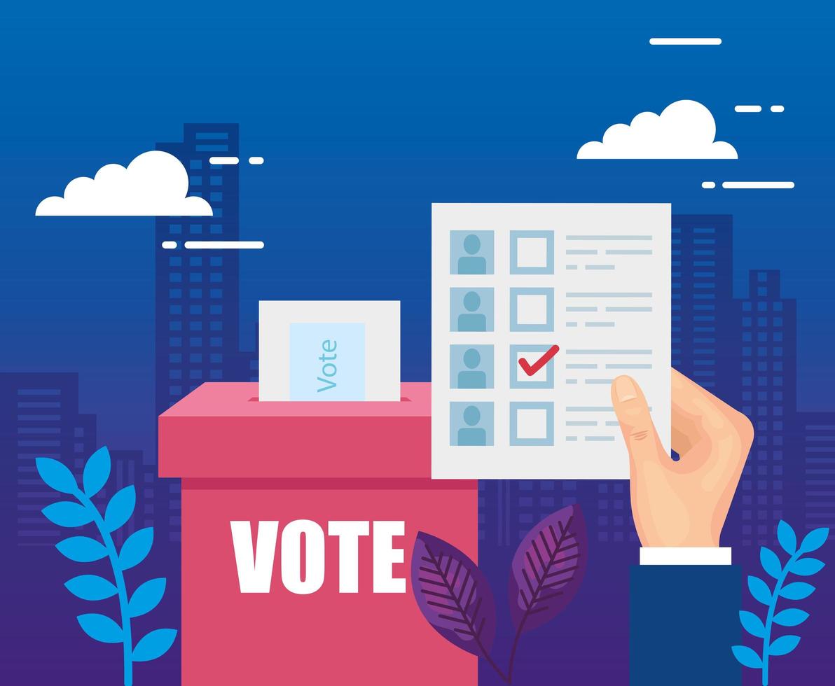 hand with vote form and ballot box vector