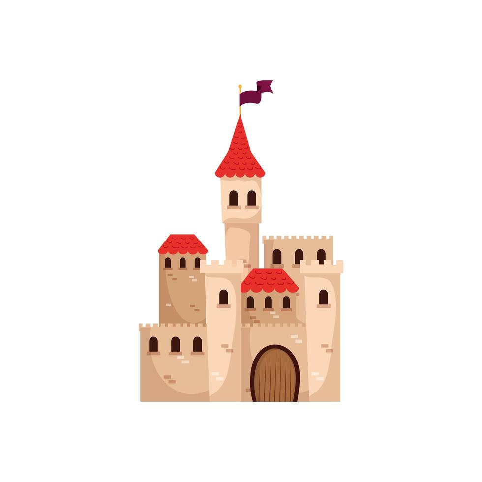 Castillo de cuento de hadas con bandera icono aislado vector