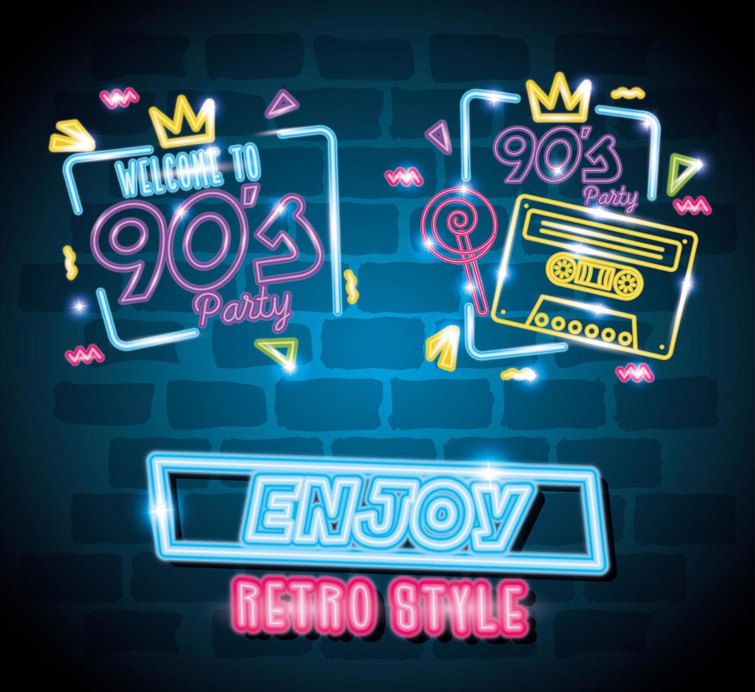 set of labels retro style neon light vector