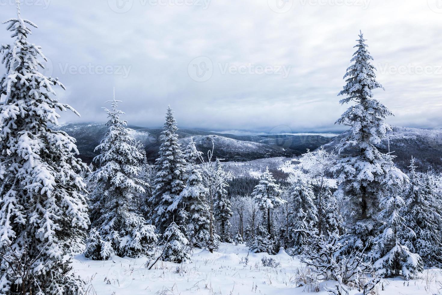 paisaje invernal desde la cima de la montaña en canadá, quebec foto