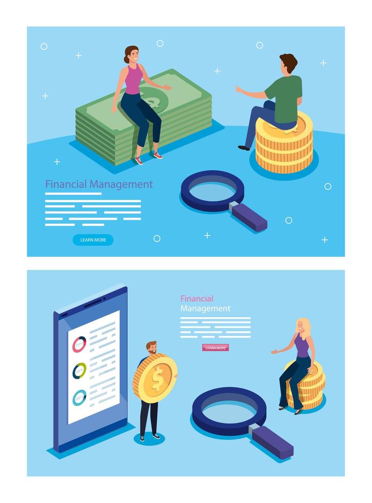 set poster of financial management with people and icons vector