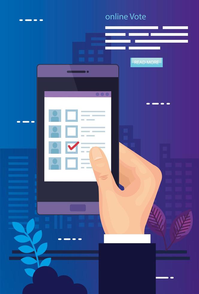 poster of vote with hand and smartphone vector