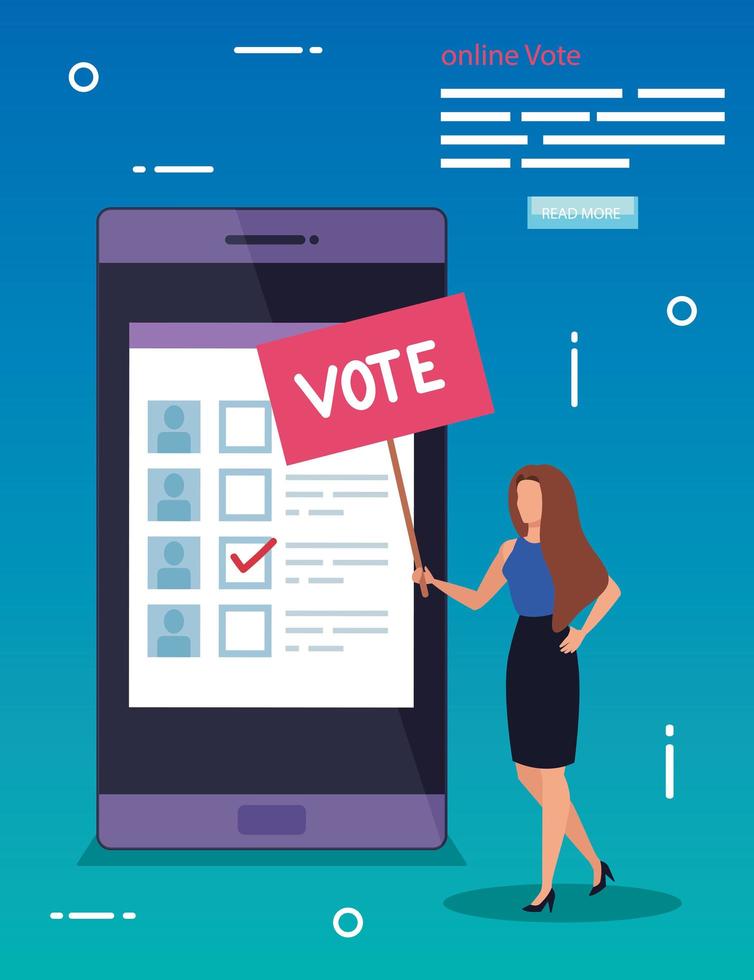 cartel de voto online con smartphone y mujer vector