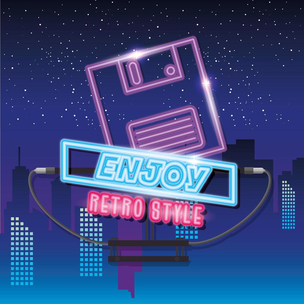 label of floppy nineties retro style of neon light vector