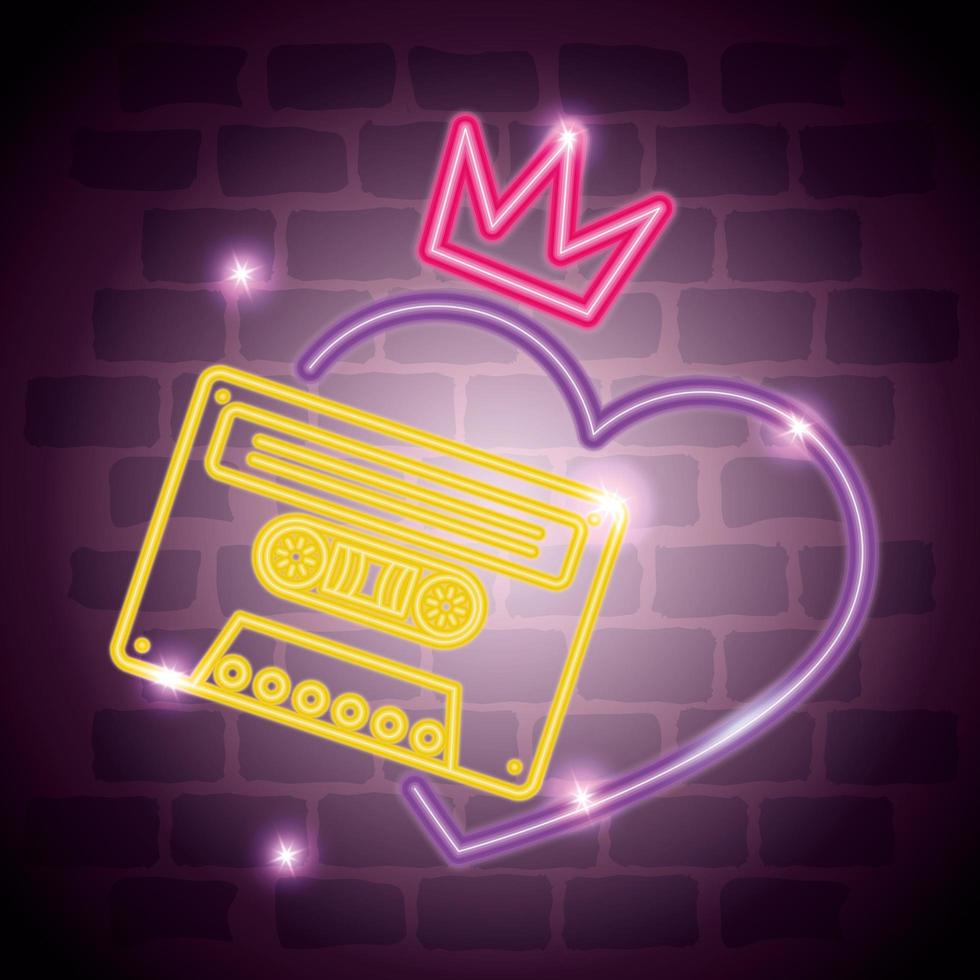 heart with cassette nineties retro neon light vector