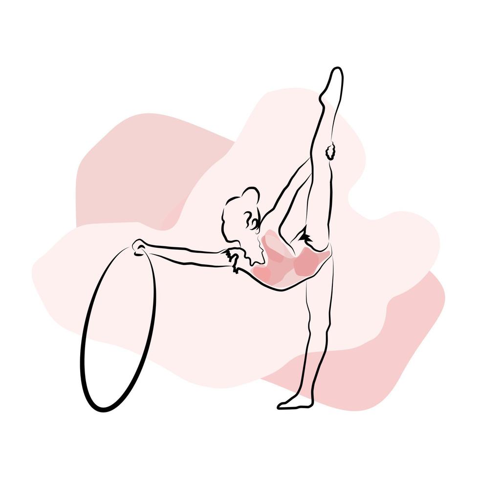 un dibujo lineal de una gimnasta. la niña practica gimnasia con un aro. sobre un fondo abstracto. arte lineal vector