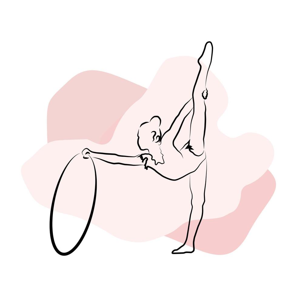 A linear drawing of a gymnast. The girl is practicing in gymnastics with a hoop. On an abstract background. Line art vector