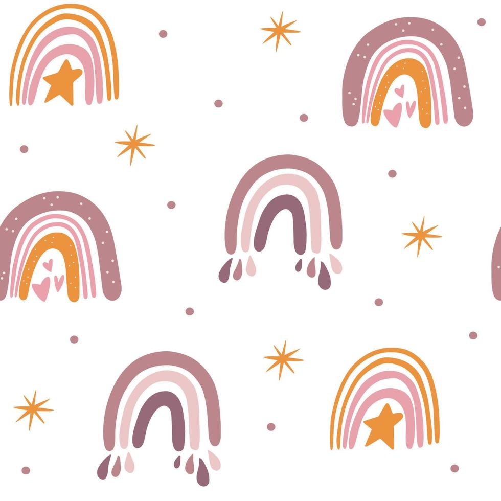 Rainbow seamless pattern. Hand draw boho rainbows, stars and hearts. Creative Scandinavian children's texture for fabric, wraps, textiles, wallpaper, clothing. Vector illustration.