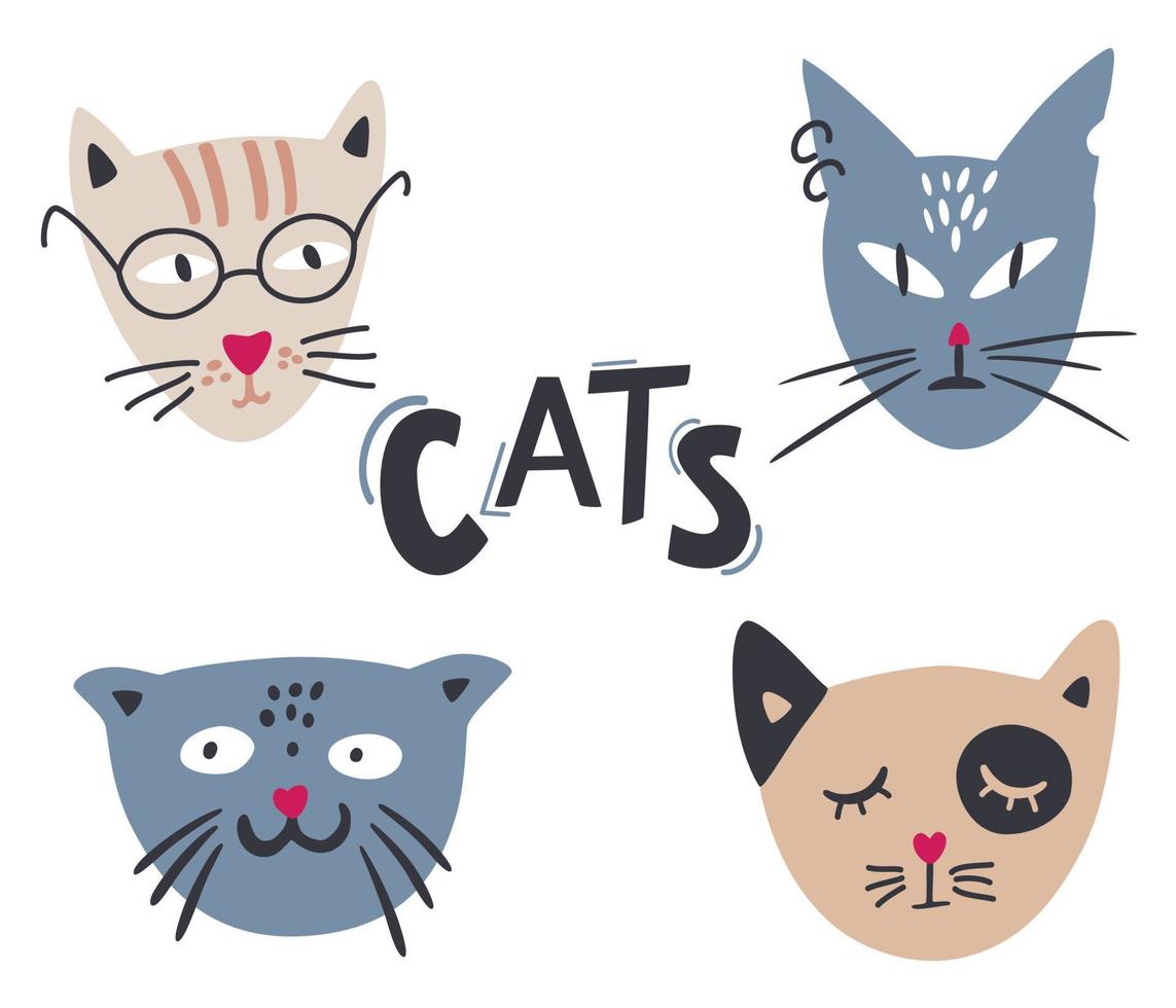 bozales de gatos. conjunto de animales domésticos divertidos felices. diferentes caras, bozales, cabezas o avatares. Ilustración de dibujos animados de vector plano aislado sobre fondo blanco