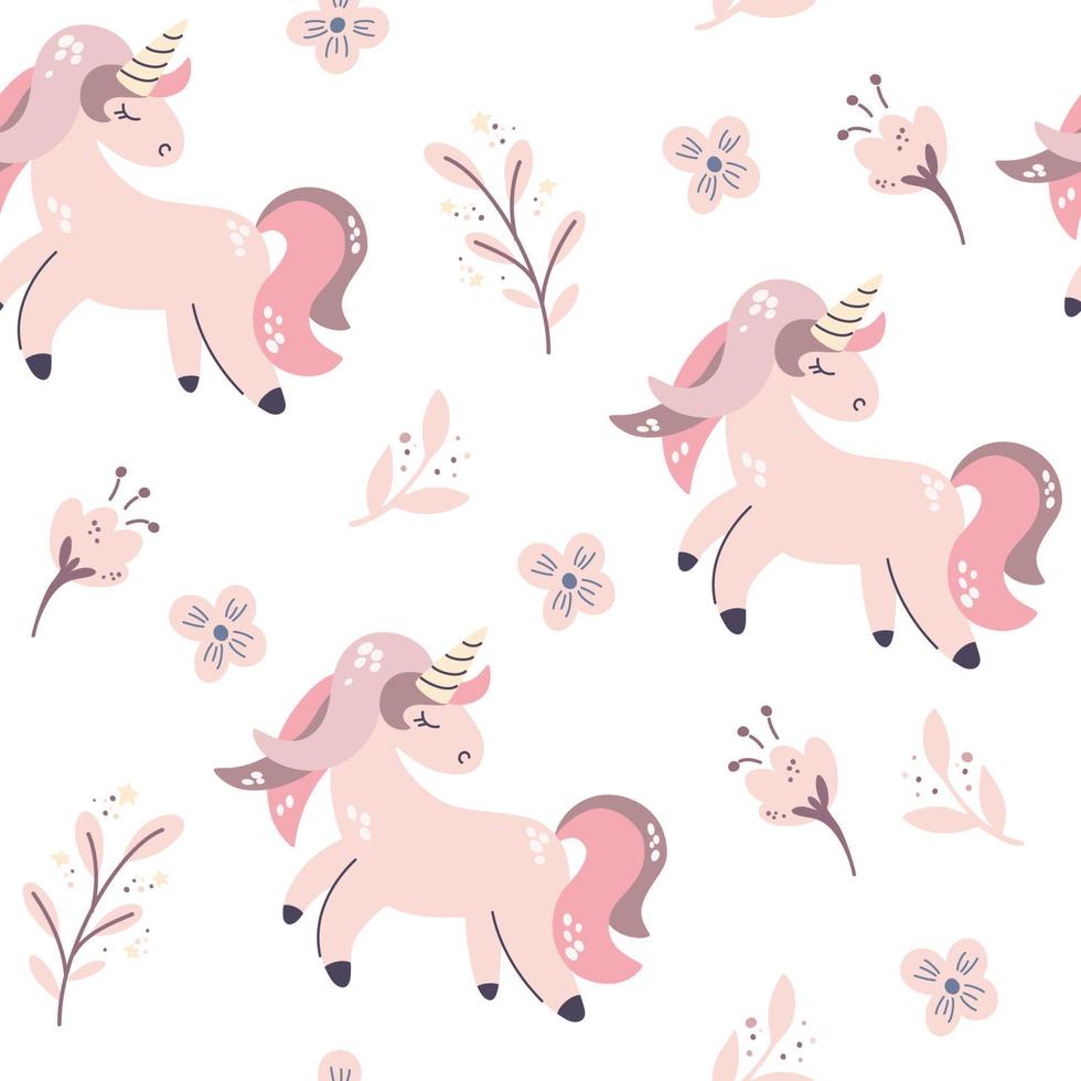 Unicorns and flowers seamless pattern. Fantastic animal. Print for fabric, textile, apparel, wrapping paper. Kids texture. Nursery prints. Hand draw Vector illustration.