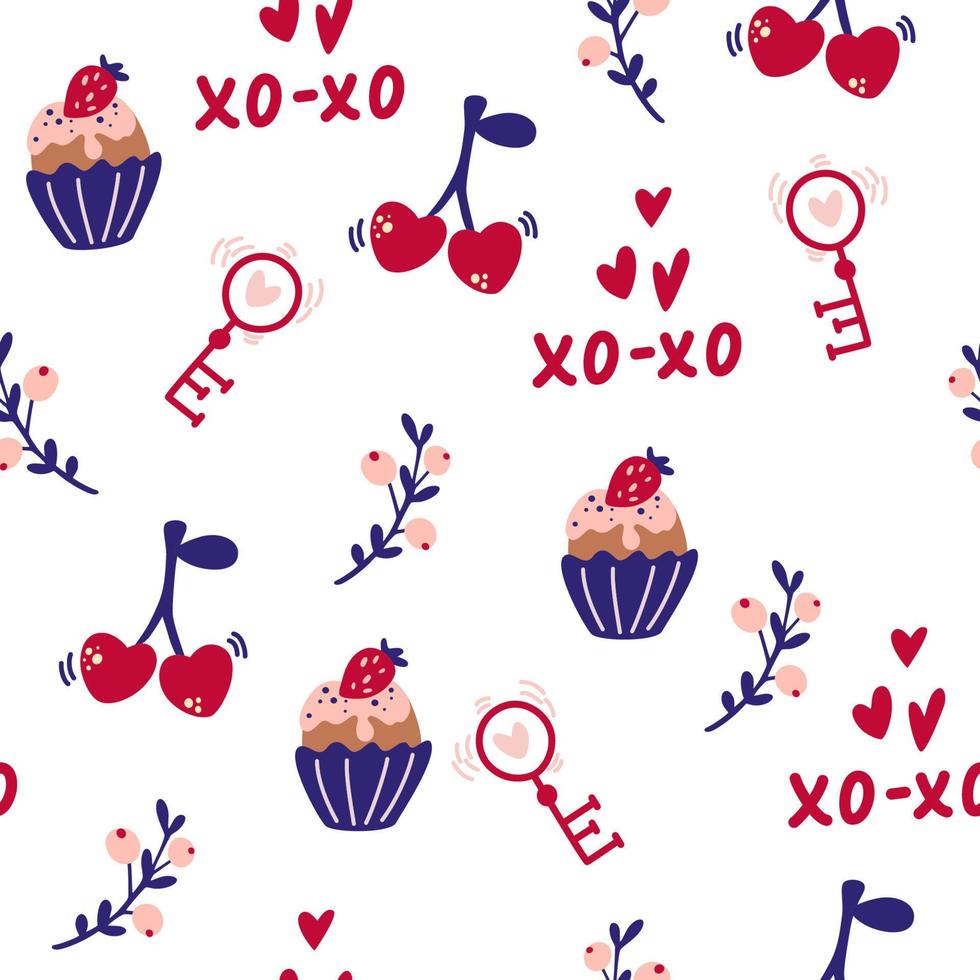 Elementos del día de San Valentín de patrones sin fisuras. cerezas, muffin, llave, frutos del bosque. impresión para tela, textil, confección, papel de regalo. Dibujar a mano ilustración vectorial. vector
