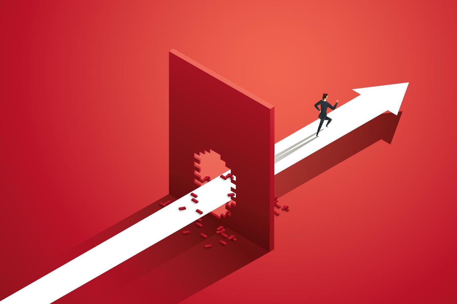 Businesswoman running arrow path breaking red wall. vector