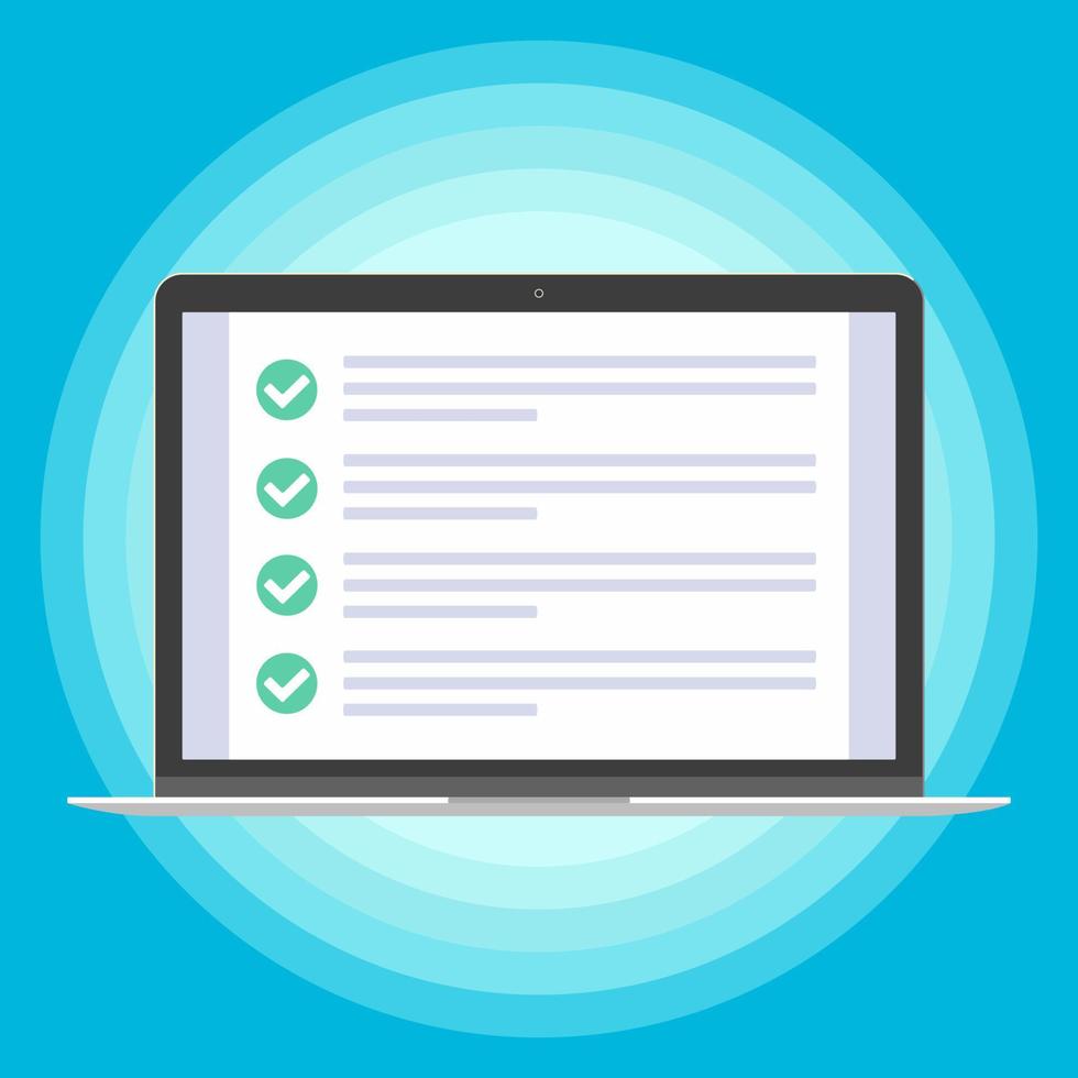 Laptop open flat design with claim form and clipboard with checkboxes on the screen vector illustration