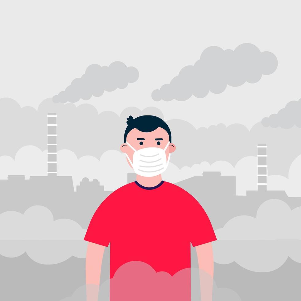 Confused kid boy in the mask against smog. Fine dust, air pollution, industrial smog protection concept flat style design vector illustration. Industrial plant pipes with huge clouds of smoke behind.