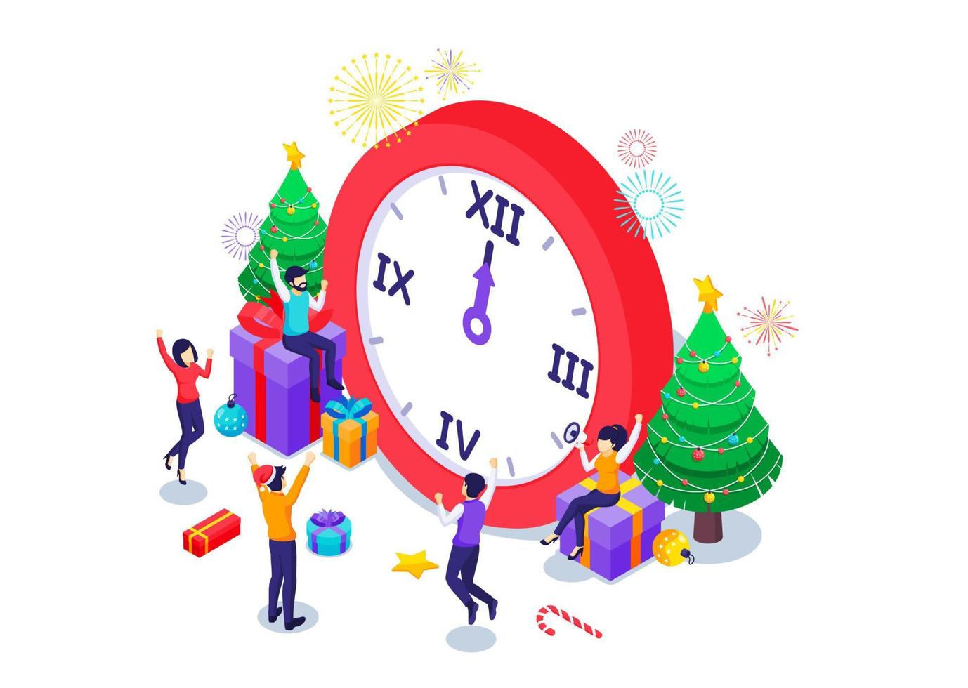 Happy People Celebrate New Year near a big clock with Christmas trees, Fireworks, and gift boxes. Isometric Vector Illustration