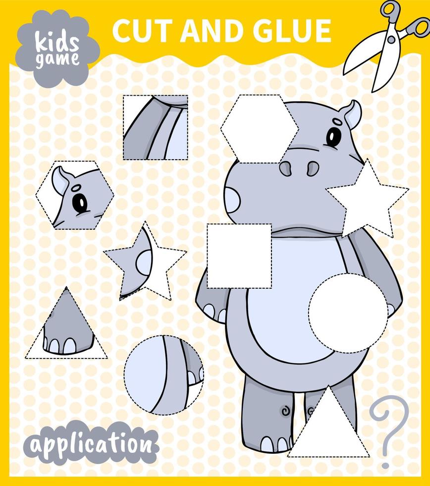 Children board animal game cut shape and glue in place for preschoolers and primary school students worksheets.Page read and match for kids educational book vector