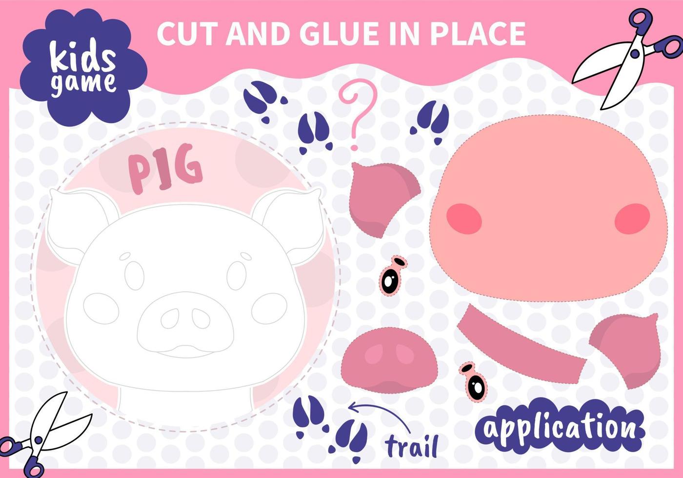 Children board animal applique  game cut and glue in place for preschoolers and primary school students worksheets.Page read and match for kids educational book vector