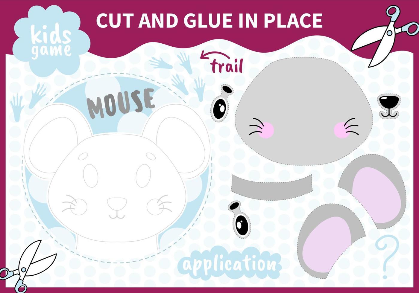 Children board animal applique  game cut and glue in place for preschoolers and primary school students worksheets.Page read and match for kids educational book vector