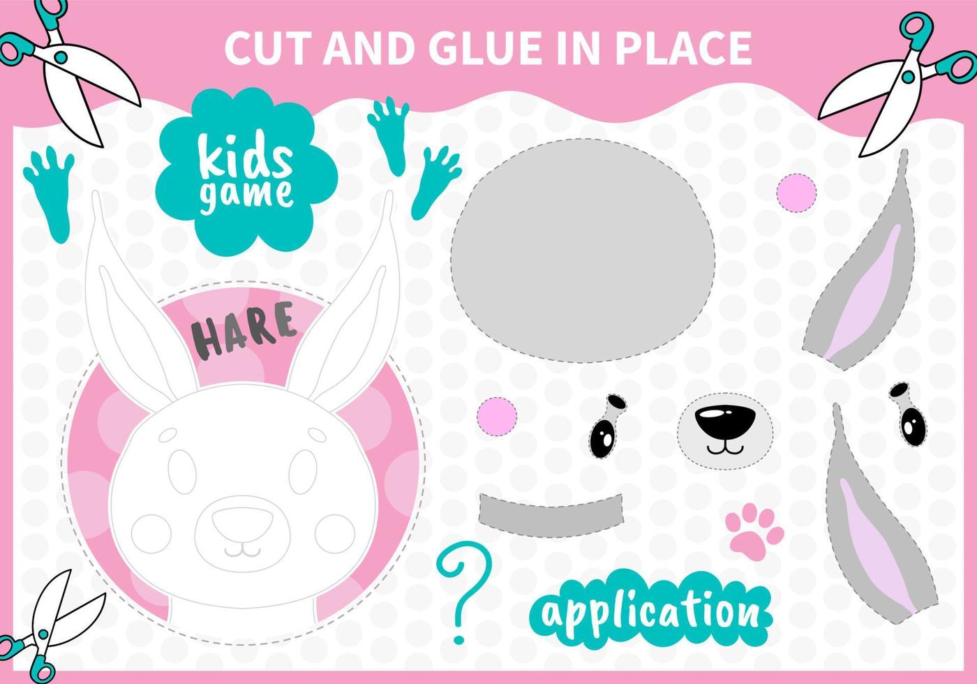 Children board animal applique  game cut and glue in place for preschoolers and primary school students worksheets.Page read and match for kids educational book vector