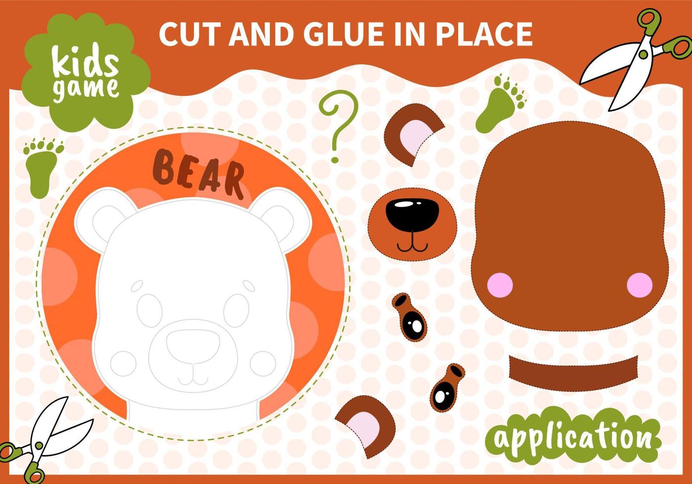 Children board animal applique  game cut and glue in place for preschoolers and primary school students worksheets.Page read and match for kids educational book vector