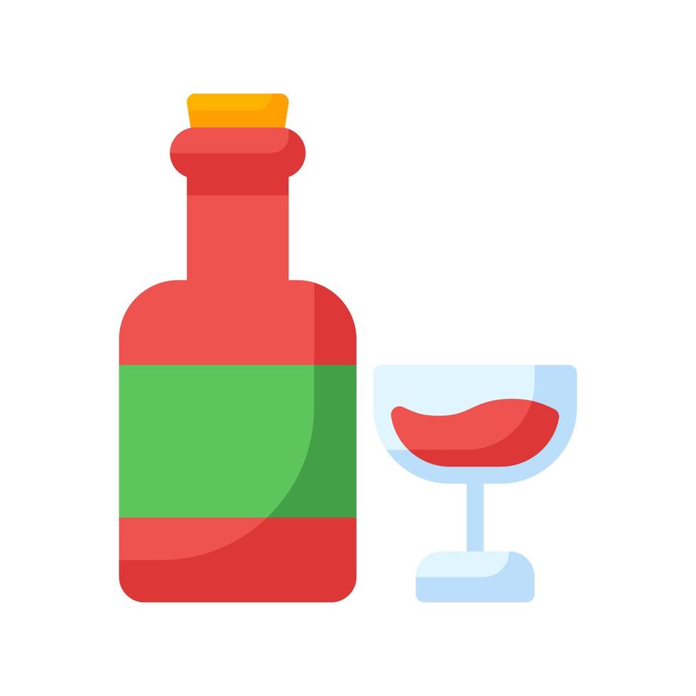 Bottle and glass of wine flat style icon. Alcohol drink shape elements. Vector illustration for graphic design, website, app.