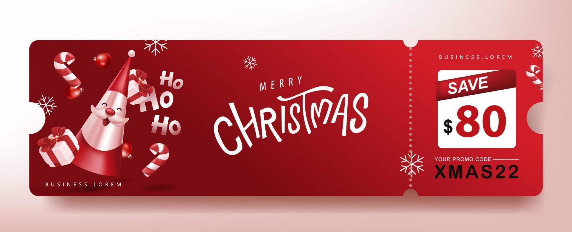 banner de cupón de promoción de regalo de feliz navidad con lindo santa claus y decoración festiva vector