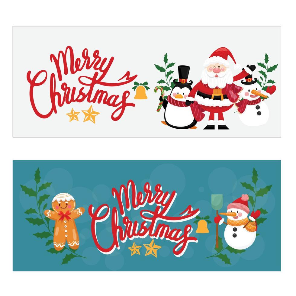 Vector Merry Christmas and Happy New Year greeting cards set with cute Santa Claus and hand drawn lettering with snowman.