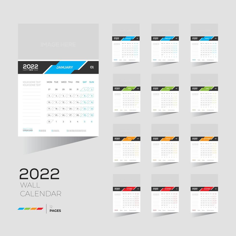 Calendario de pared de 4 colores, 12 meses, 12 páginas, 2022 vector