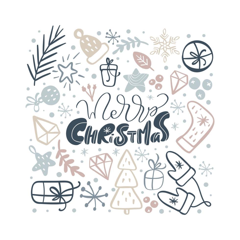 Greeting card Merry Christmas vector calligraphic lettering text and xmas doodle scandinavian elements. for winter holiday xmas and Happy New Year