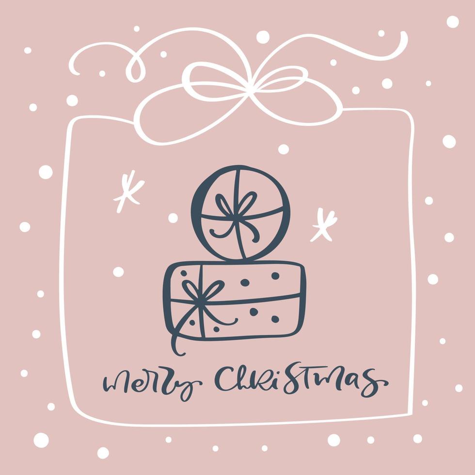 Greeting card Merry Christmas vector calligraphic lettering text and xmas doodle scandinavian elements for winter holiday xmas and Happy New Year