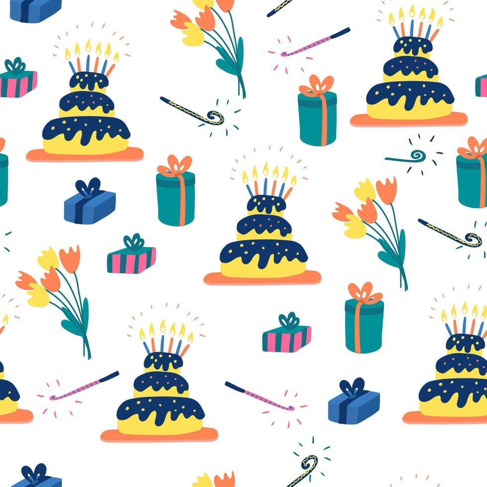 Seamless pattern with birthday cakes, shining candles, gift boxes, party blowers and bouquets of tulip flowers vector