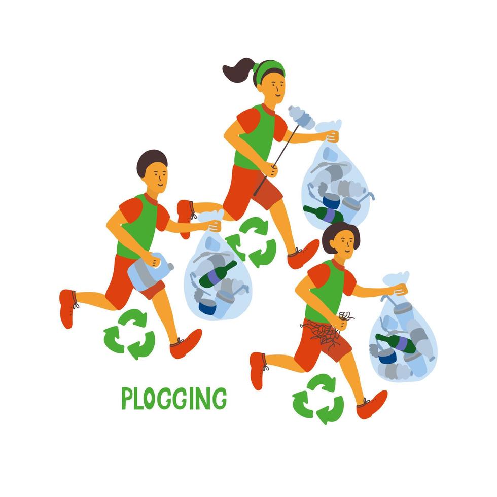 Hand drawn illustration with running people. They have garbage bags and clean their district from rubbish . Plogging eco concept vector