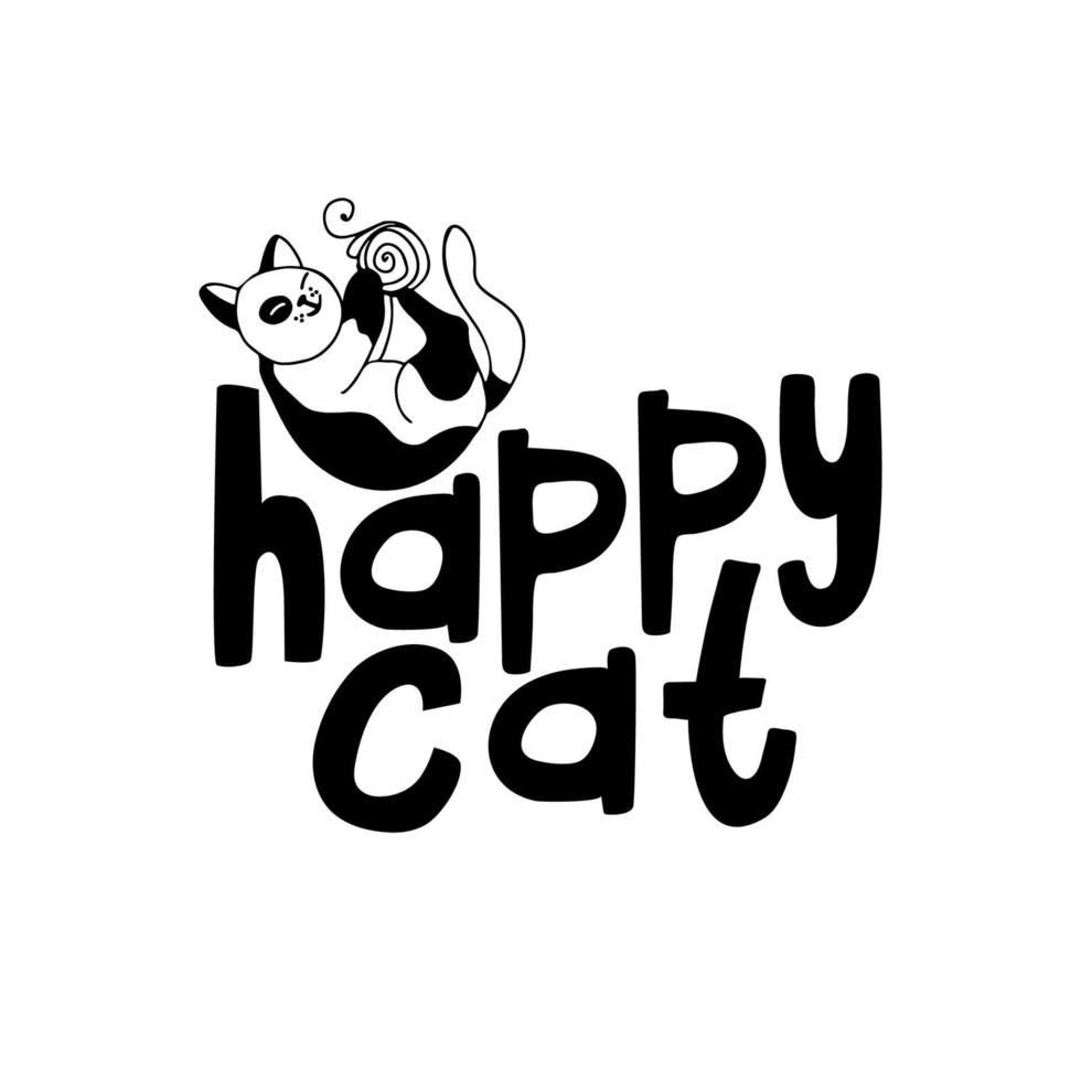 Happy cat lettering. A cute cat playing with a yarn ball. vector